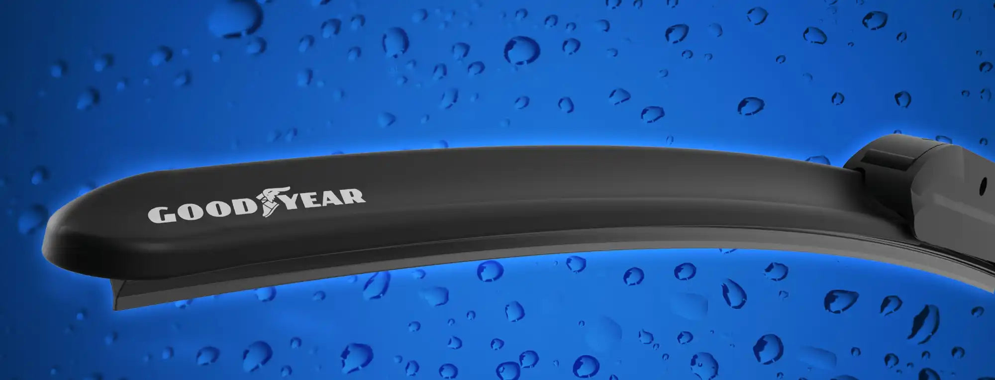A black Goodyear brand windshield wiper blade designed for effective water clearing.
