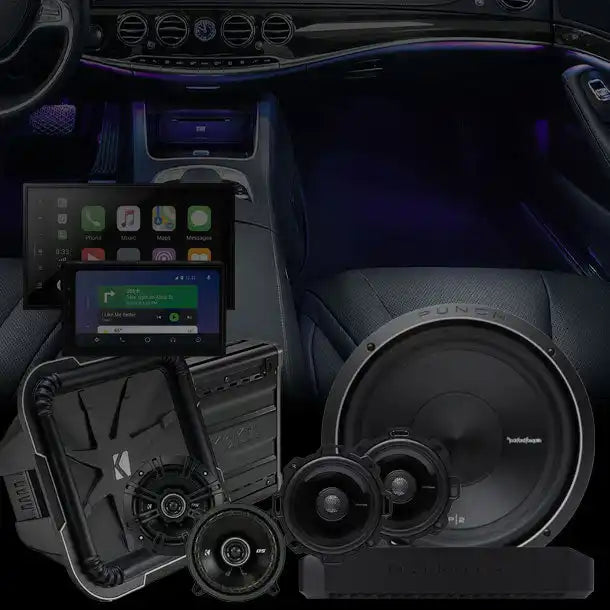 A collection of car audio and entertainment components.