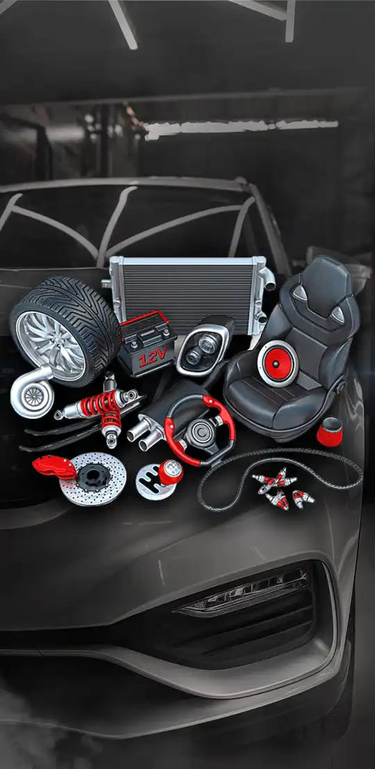 A collection of various car parts including a wheel, radiator, car seat, headlights, steering wheel, brake disc, and other engine components.
