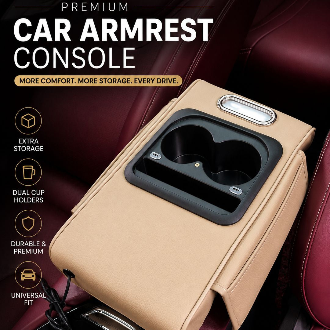 Multi-Function Car Armrest with Tissue Box Cup Holder & LED Star Light