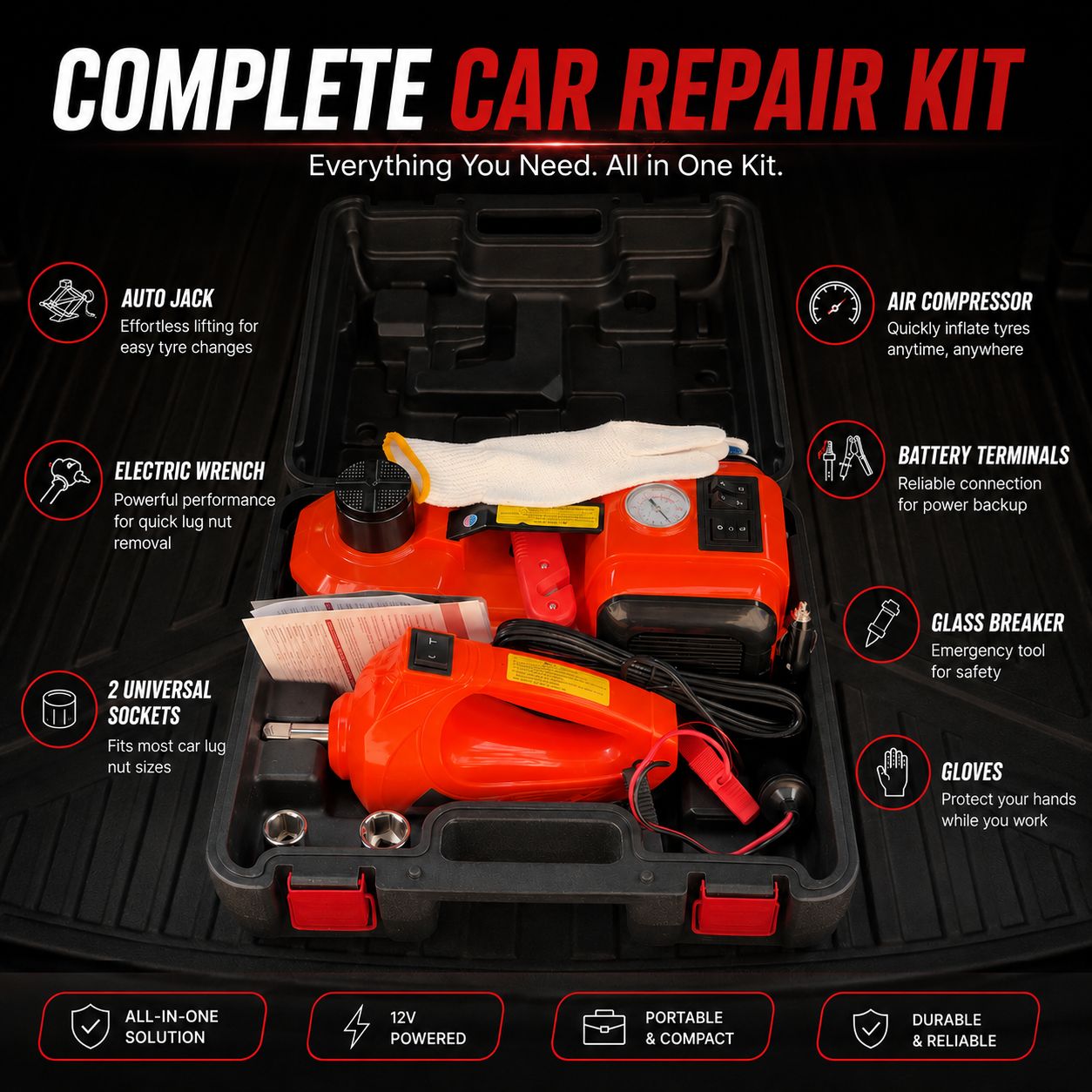 3IN1 Car Jack, Compressor & Electric Wrench Set 12v