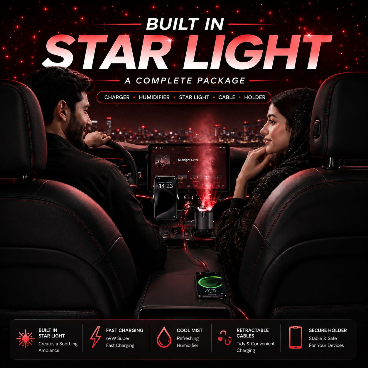 5in1 Starlight Retractable Car Charger with Car Aromatherapy
