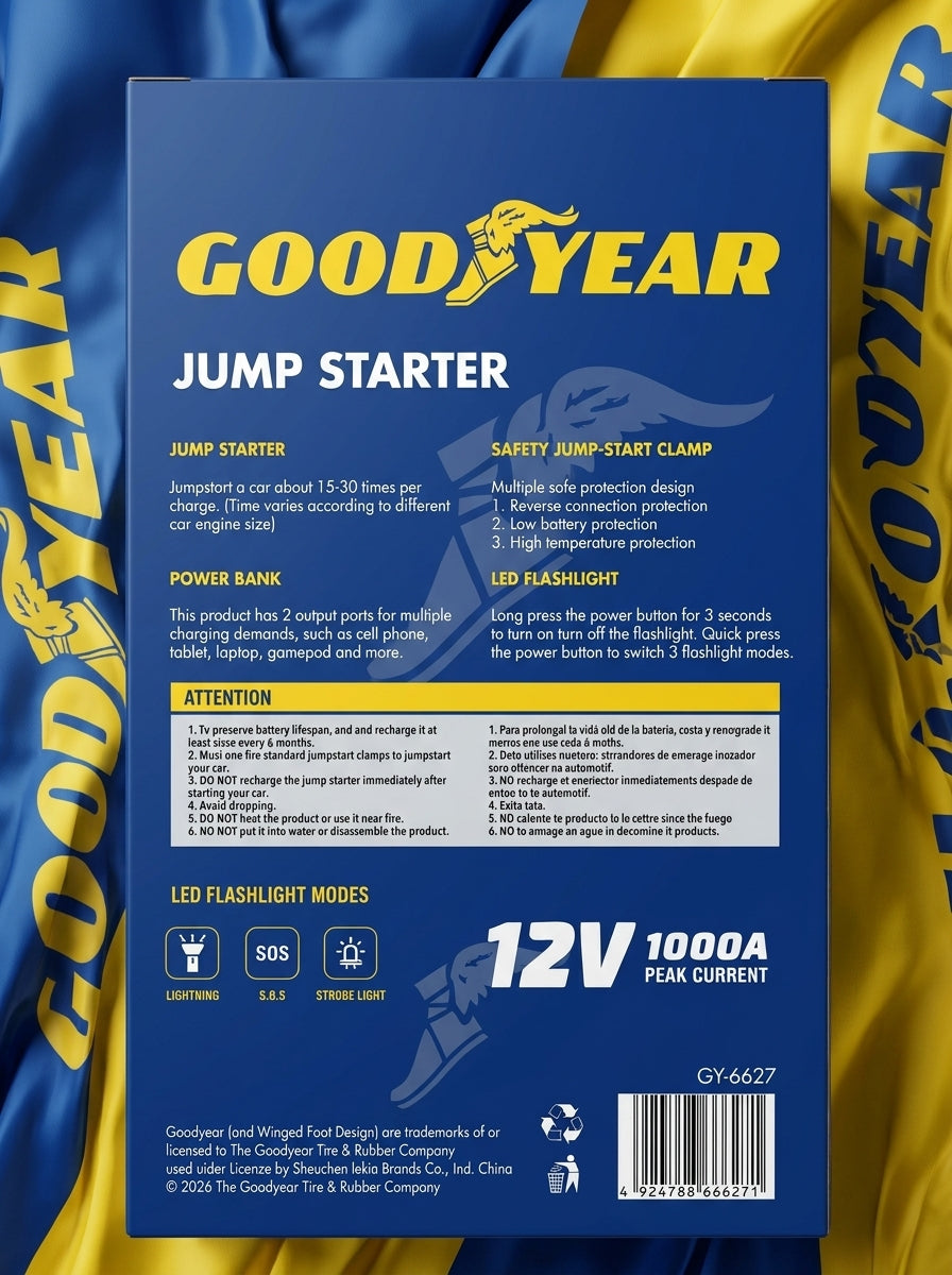 Goodyear Original 12V Car Jump Starter 1000A For Diesel & Gasoline Engines (Model: GY-6627)