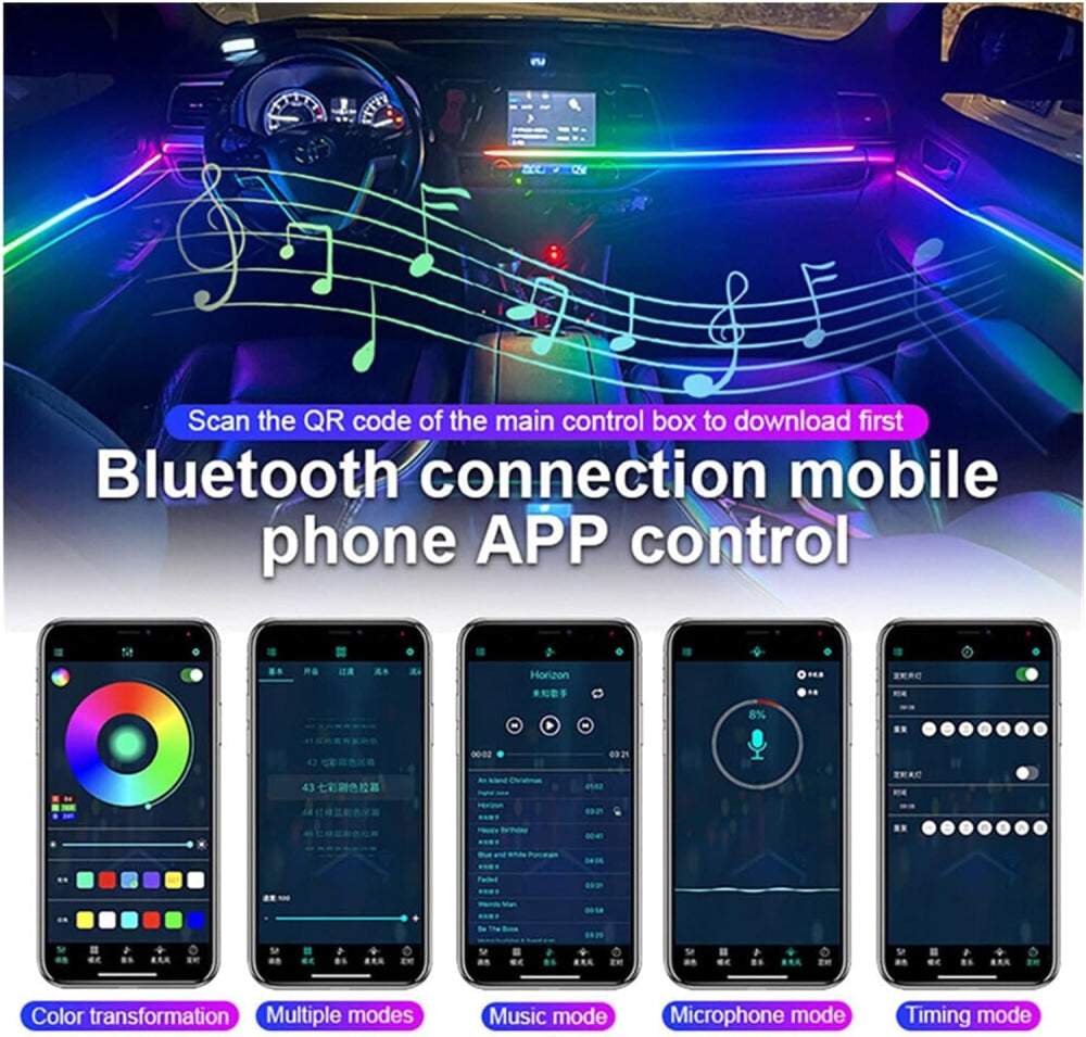 7 Color Streamer Car Music Ambient Light Strip Flexible Rgb App Remote 18 In 1